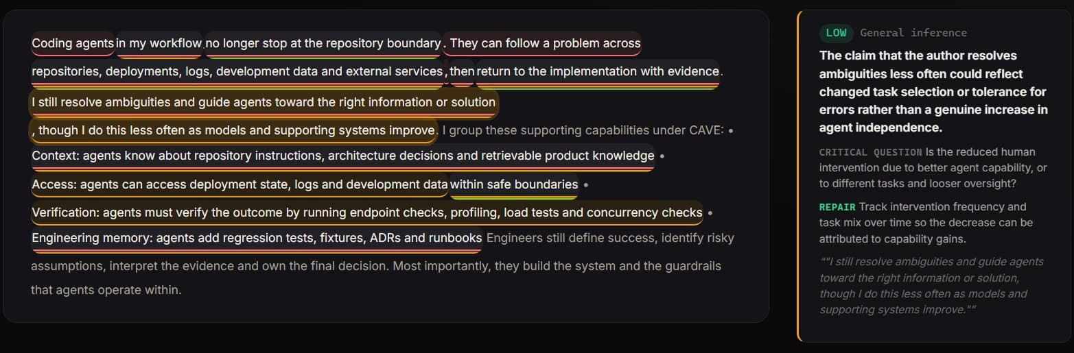 A Mindwrinkles annotated argument with reasoning risks and weak points highlighted inline in the original text